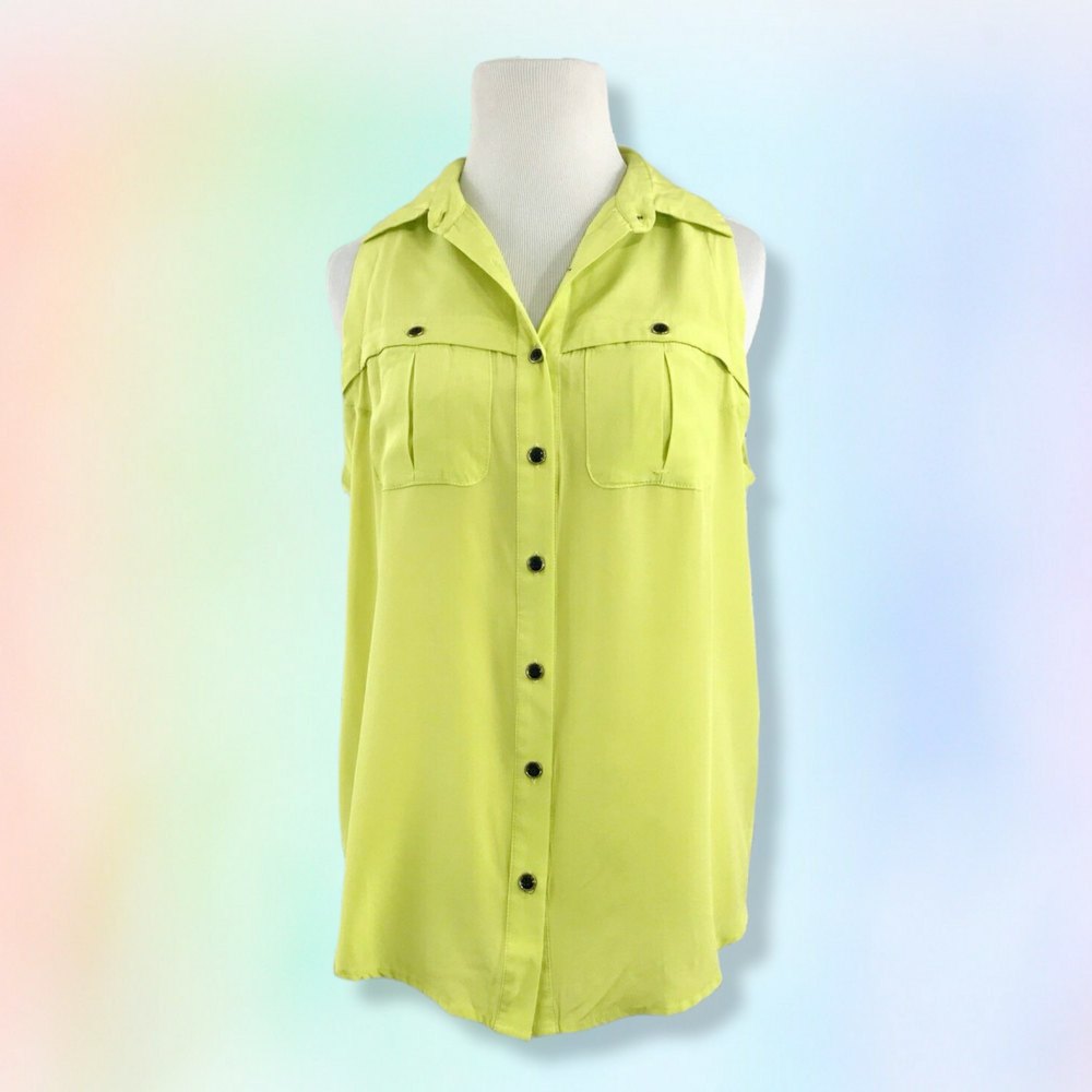Yumi Kim chartreuse green Silk Two‎ Pleat Pocket Button Front XS Sleeveless